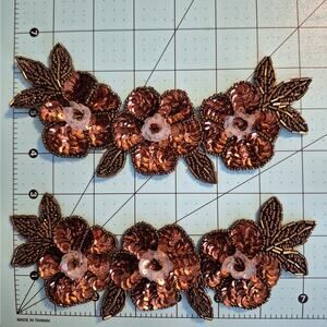 Bronze and clear iridescent sequin and bead triple flower applique set of 2
